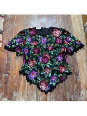 Laurence Kazar Vintage Sequin Floral Blouse Black Small